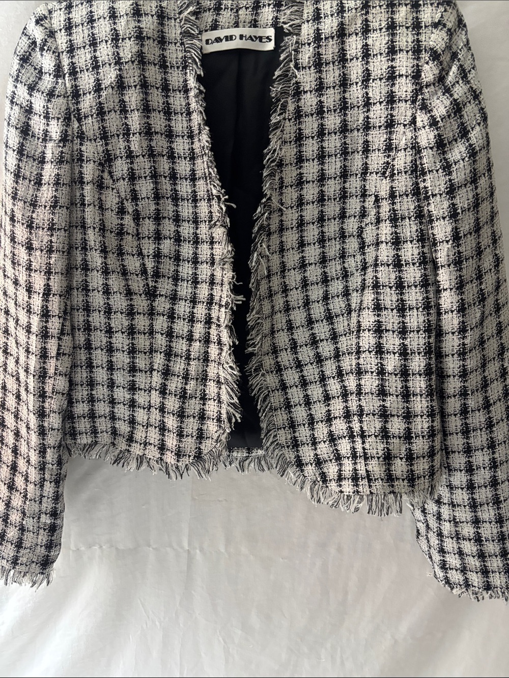 David Hayes Black & White Tweed Fringe Blazer Vintage 100-% Silk Tweed Cropped